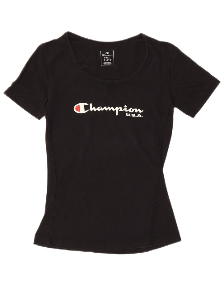 CHAMPION Dame Grafisk T-Shirt Top UK 10 Lille Sort