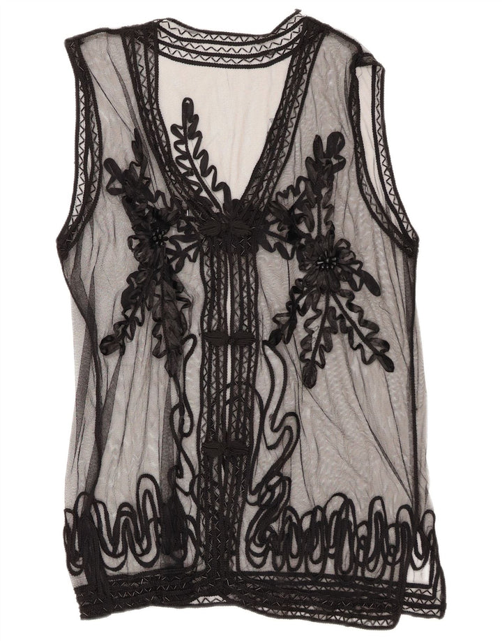 Vintage Dame Gennemsigtig Skjorte Bluse UK 14 Medium Black Floral