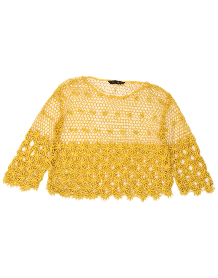 Zara Dame gennemsigtig hæklet Top 3/4 ærmer UK 14 Medium Gul