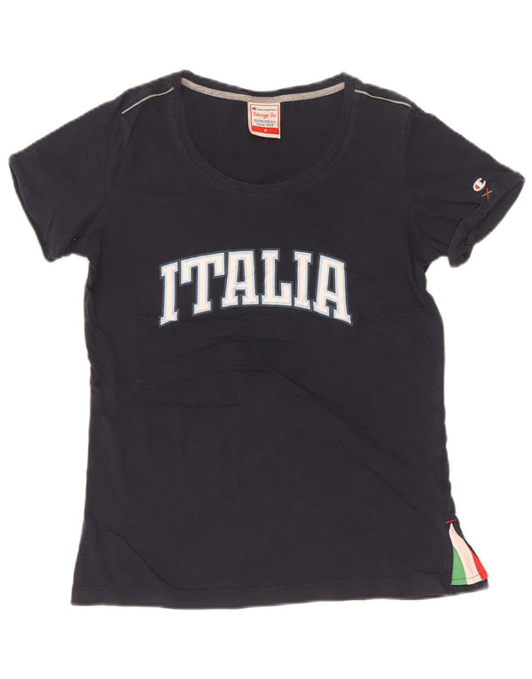 Champion Womens Italia Grafisk T-Shirt Top UK 12 Medium Navy Blue