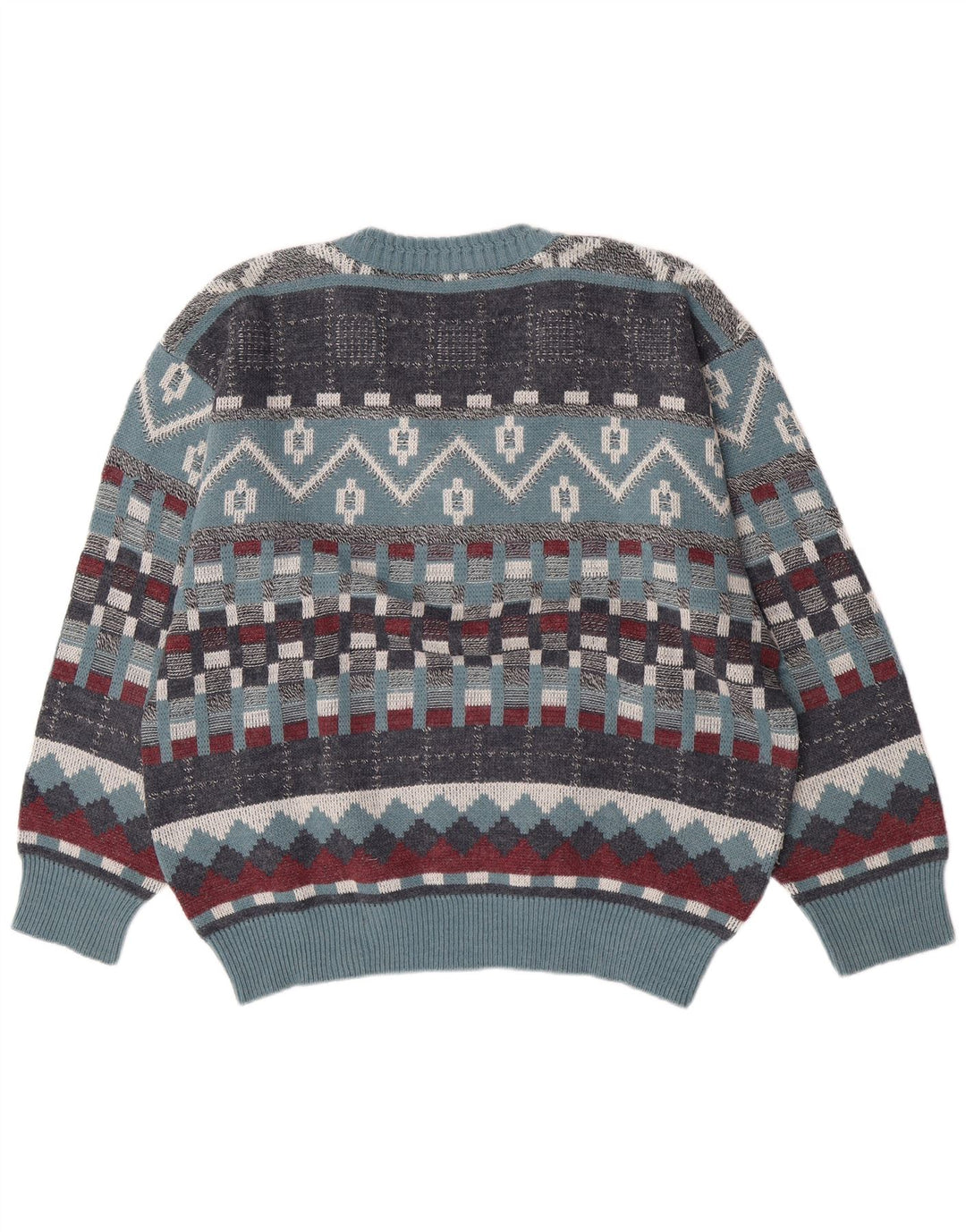 Vintage herre V-hals sweater stor blå geometrisk uld