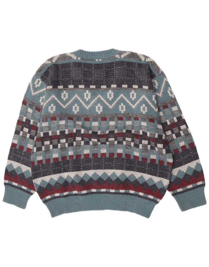 Vintage herre V-hals sweater stor blå geometrisk uld