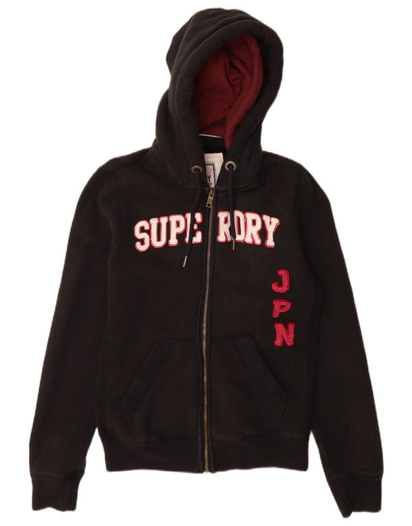Superdry Womens Graphic Zip Hoodie Sweater UK 12 Medium Black Cotton