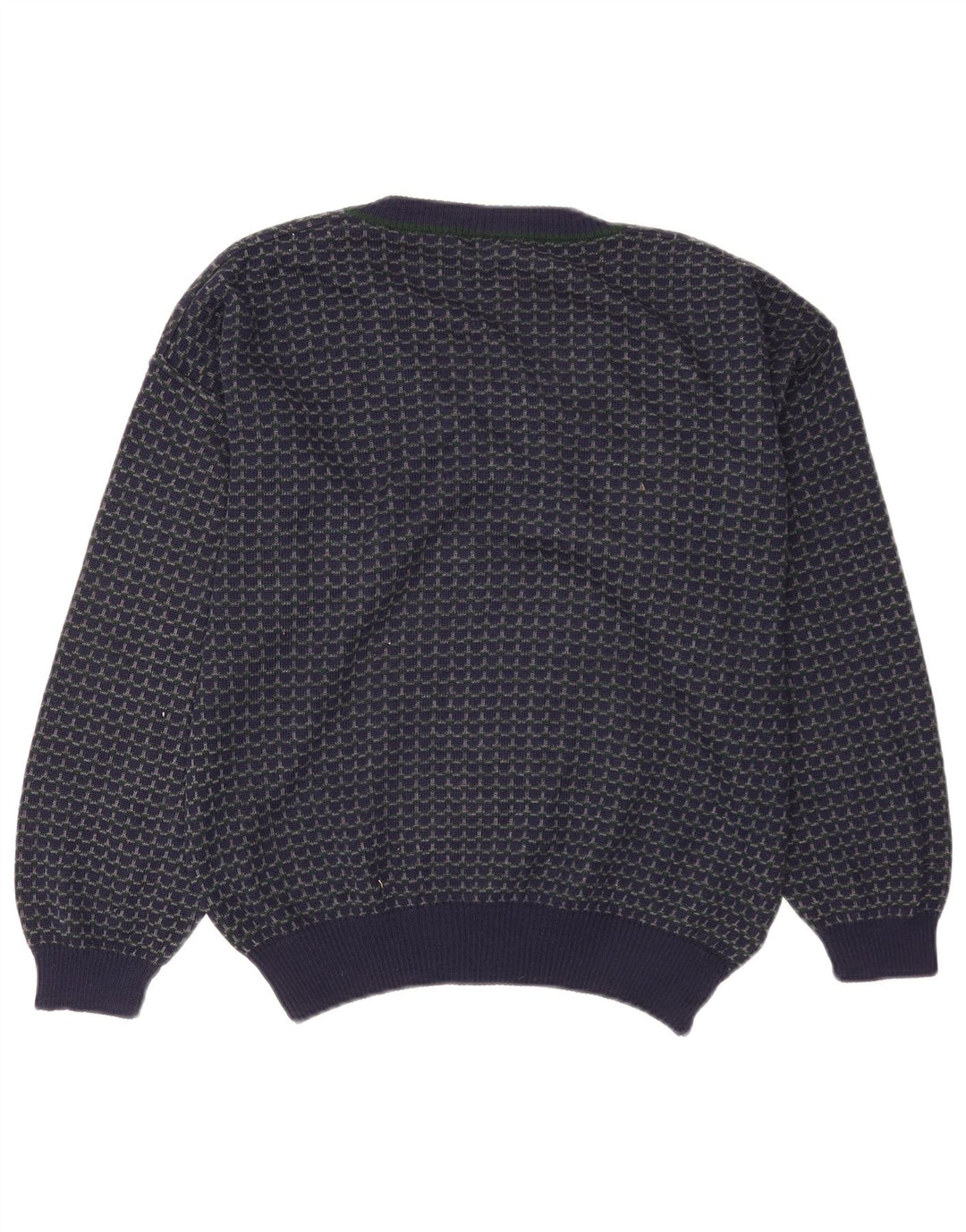 Vintage herre V-hals sweater stor marineblå geometrisk uld