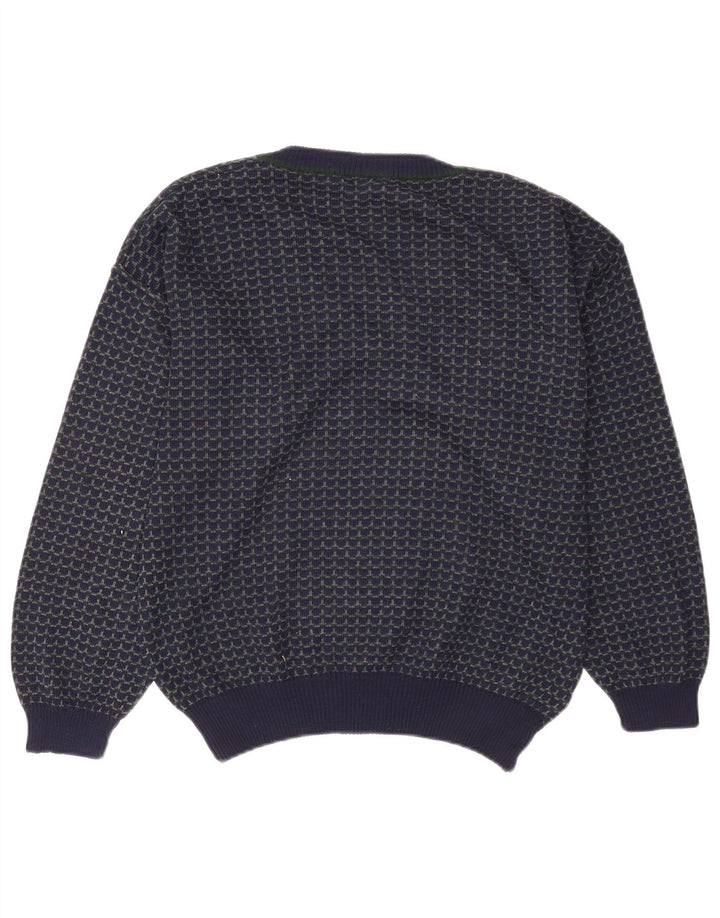 Vintage herre V-hals sweater stor marineblå geometrisk uld