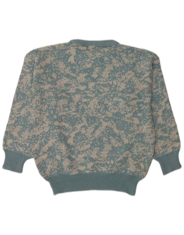 Vintage kvinders abstrakt mønster rund hals sweater UK 16 stor blå