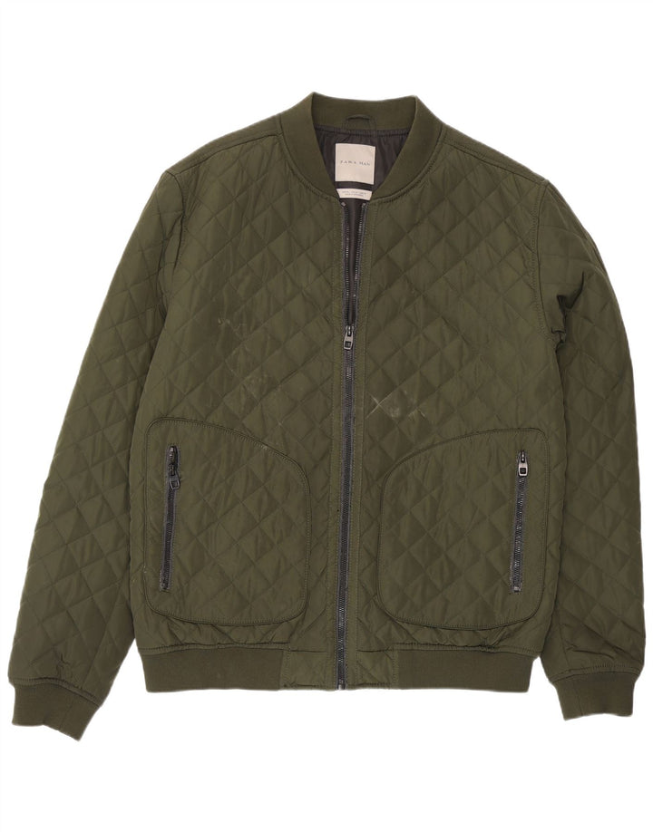 Zara Herre Quiltet Jakke UK 42 XL Grøn Polyester