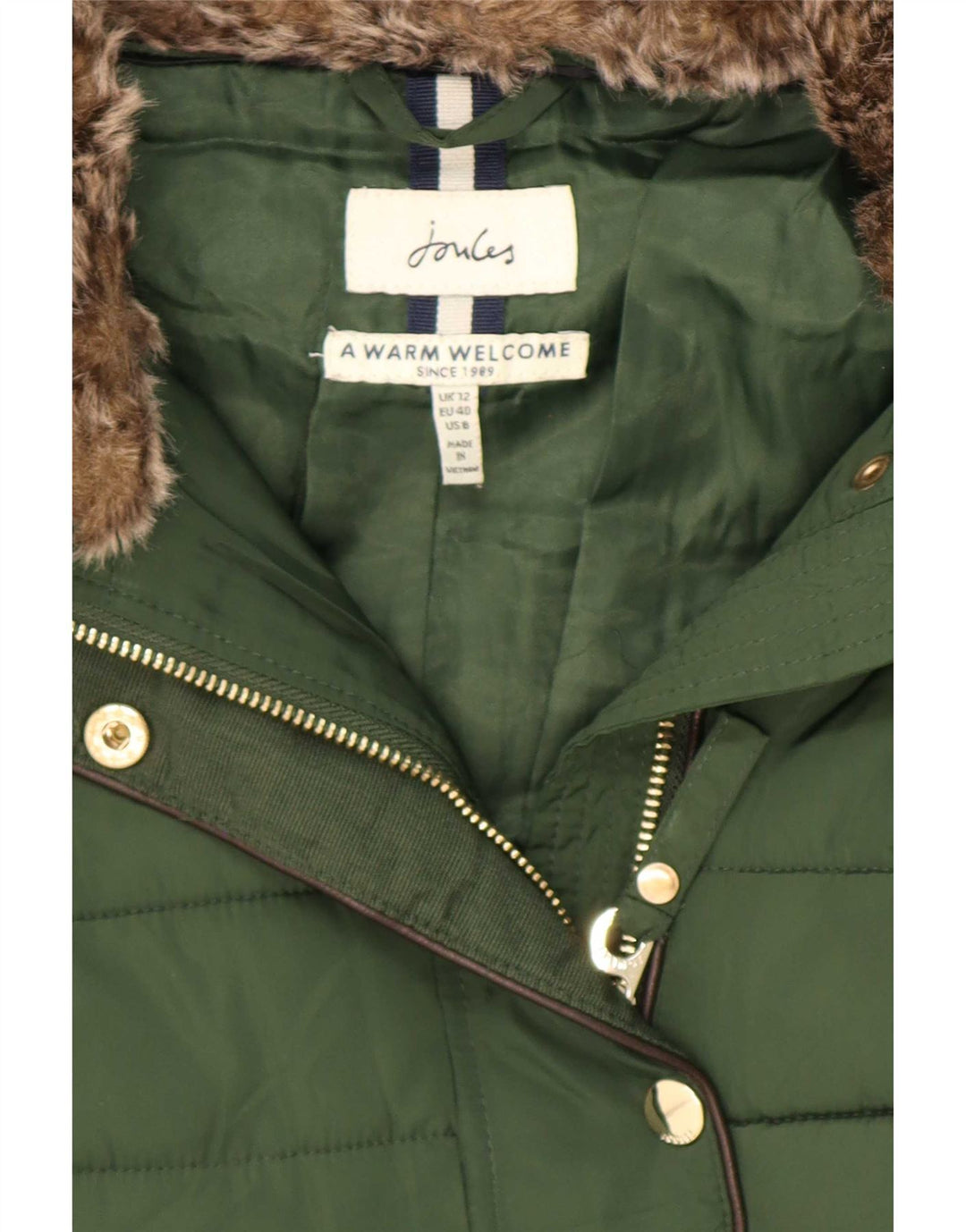 Joules Polstret Frakke med hætte til kvinder UK 12 Medium Green Polyester