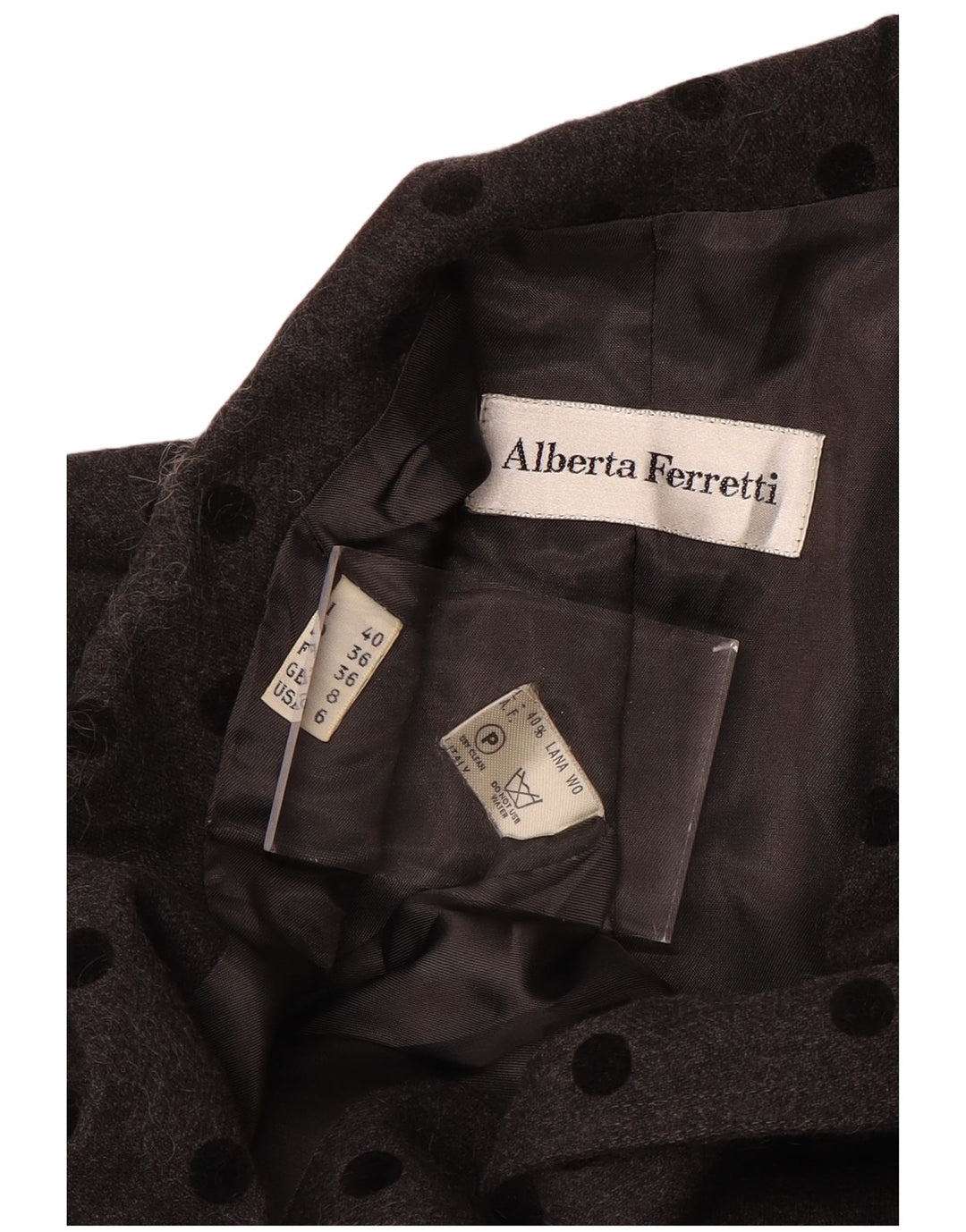 ALBERTA FERRETTI Dame Overfrakke UK 8 Lille Grå Polka Dot Uld