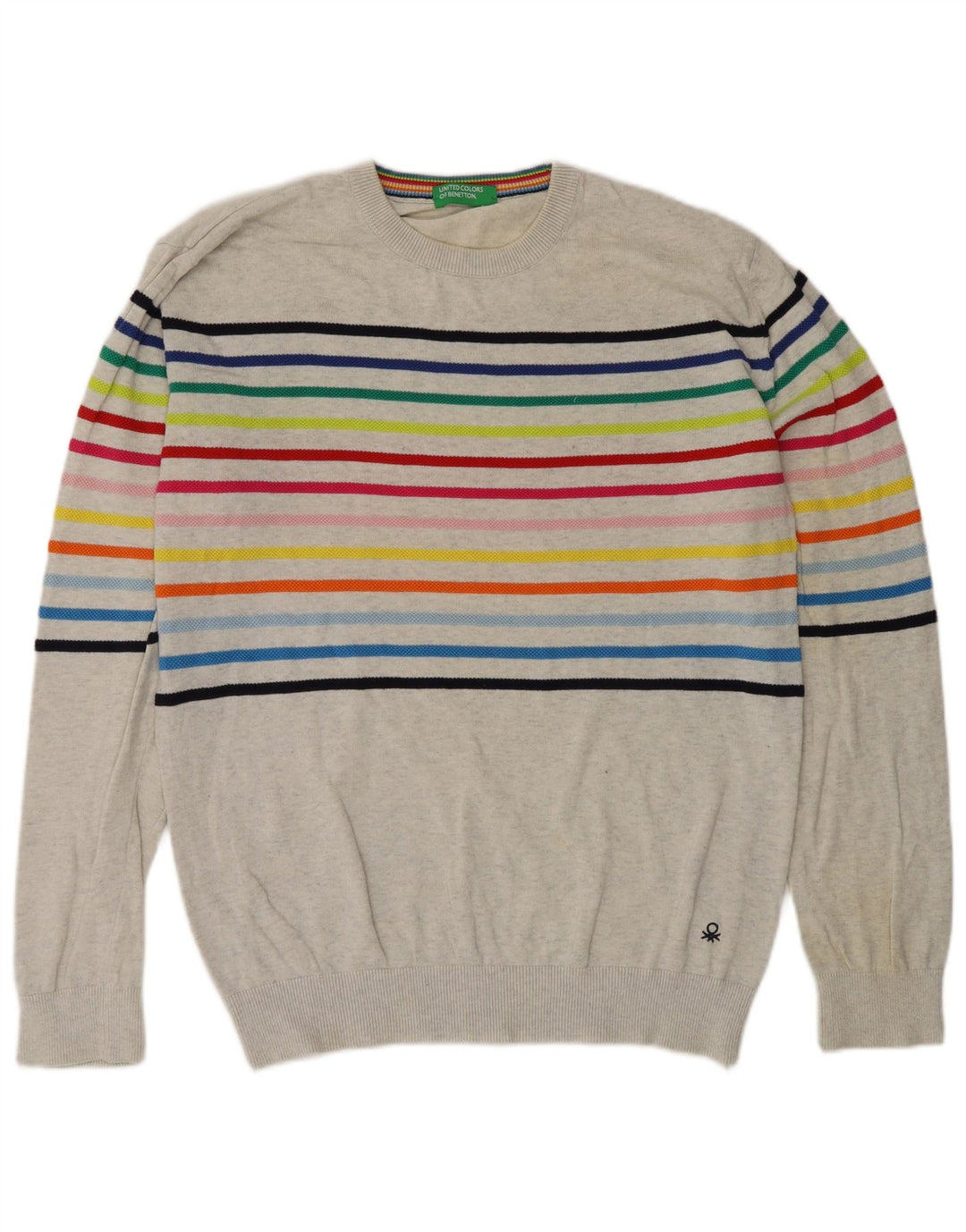 Benetton Herre Crew Neck Jumper Sweater Medium Grå Stribet
