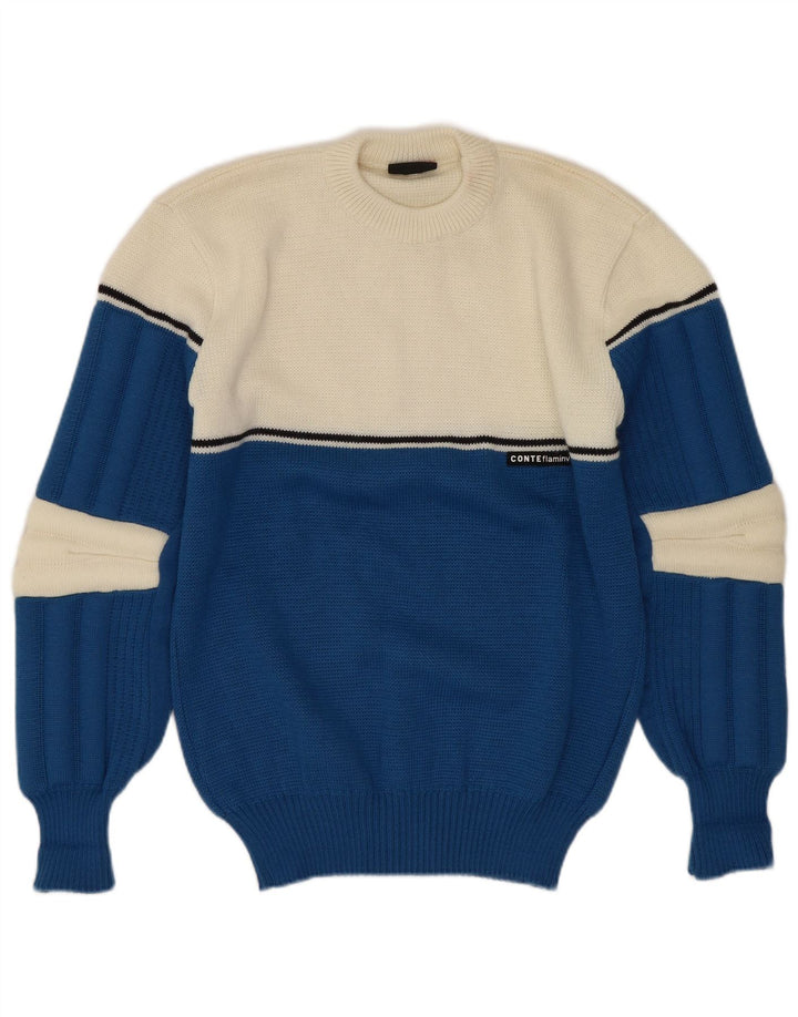 Vintage dame sweater med rund hals IT 46 Stor blå farveblokuld