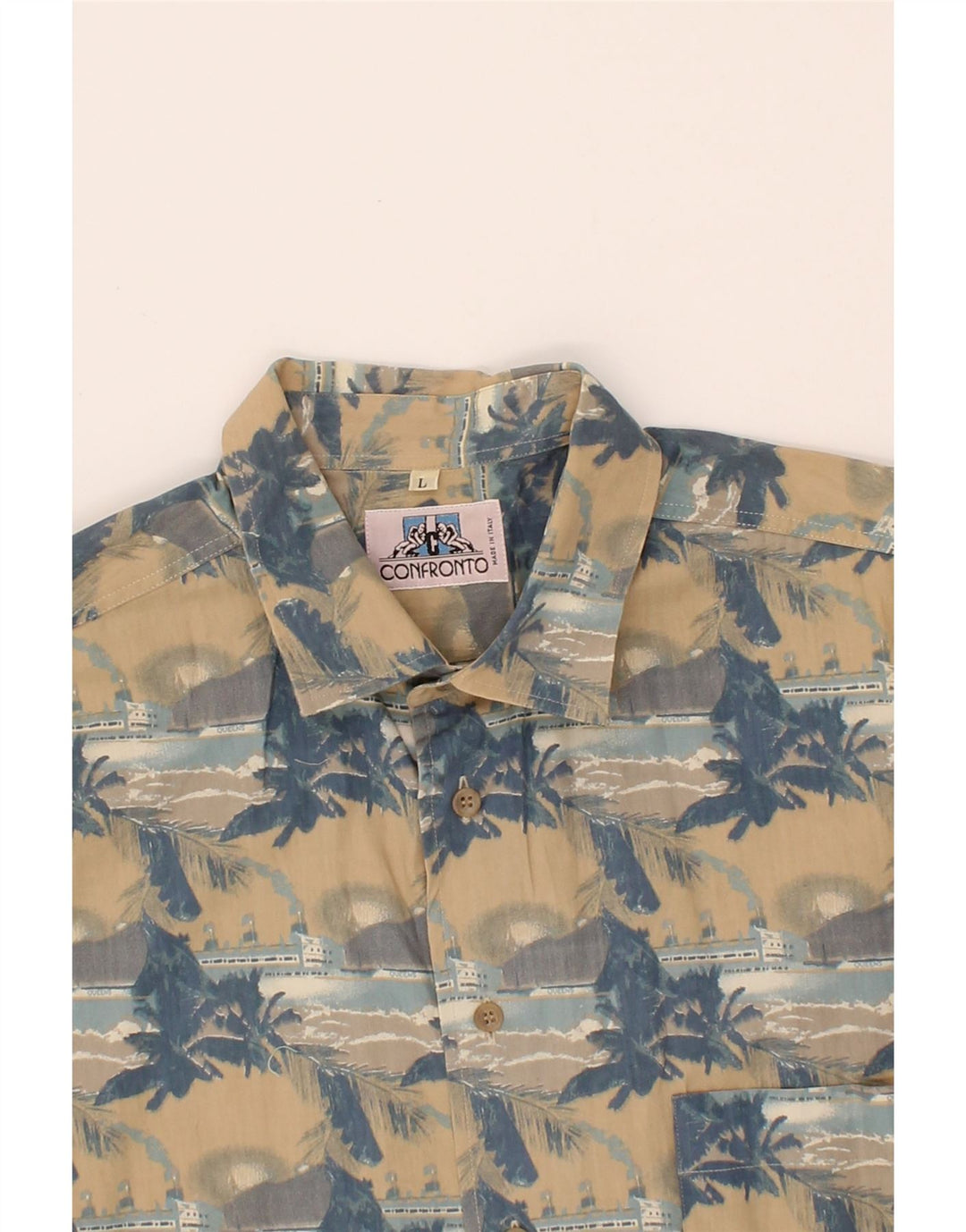 VINTAGE Mens Graphic Sleeveless Shirt Large Beige Hawaiian Vintage Vintage and Second-Hand Vintage from Messina Hembry 