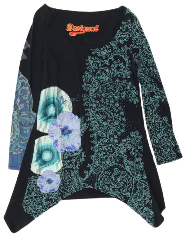 Desigual Dame Grafisk Asymmetrisk Tunika Top UK 12 Medium Black Floral