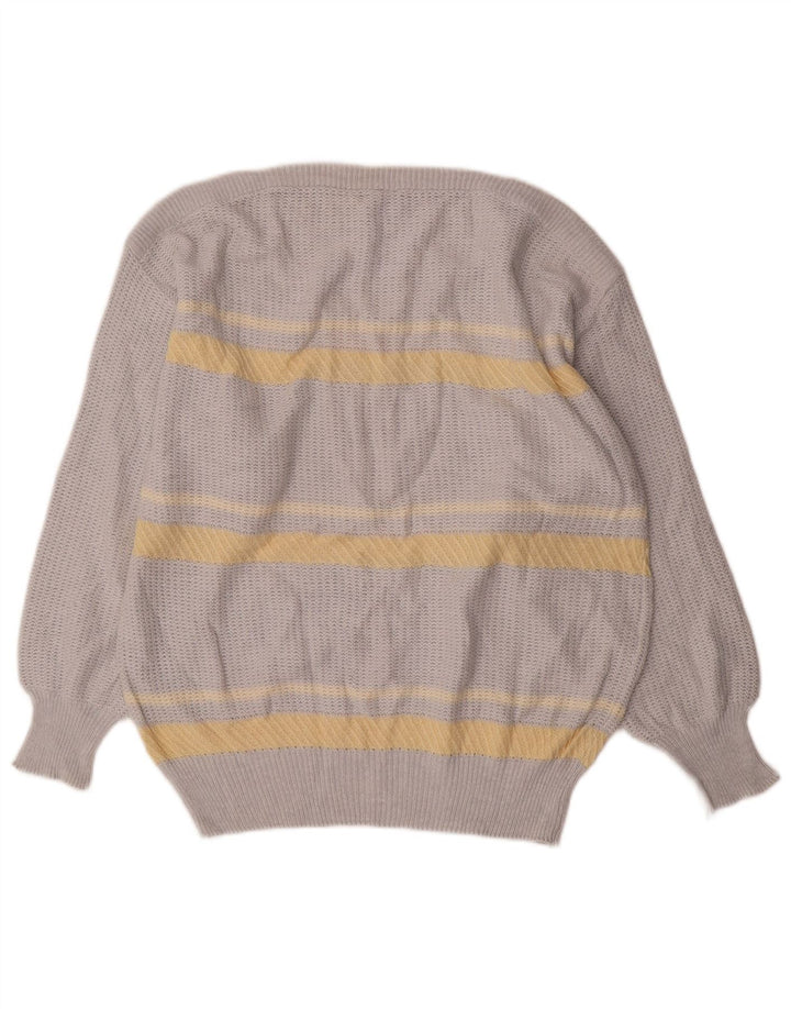 Vintage Herre Boat Neck Jumper Sweater Medium Grå Stribet Bomuld