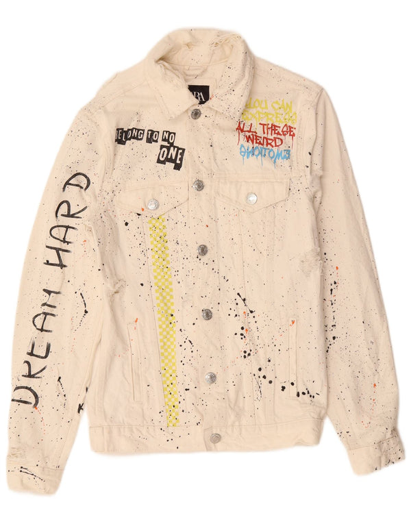 Zara Herre grafisk denimjakke UK 36 Small White Flecked Bomuld