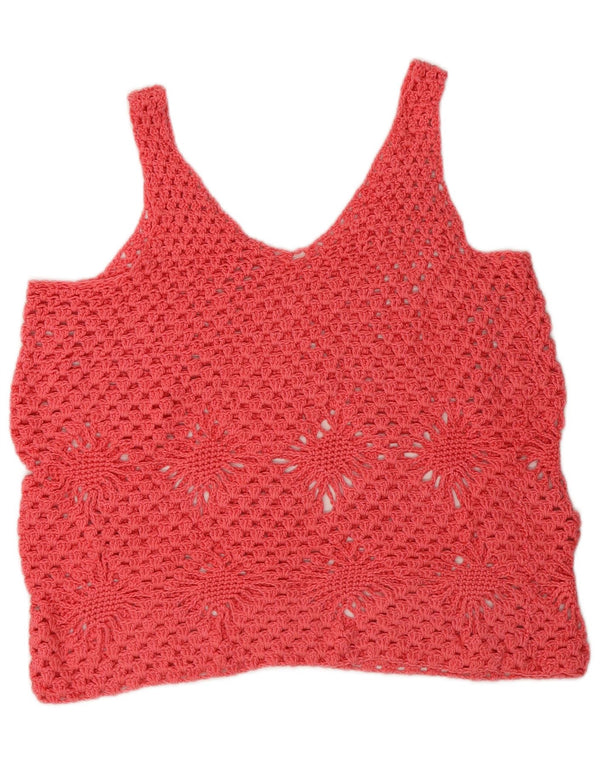 Vintage Dame Se Through Hæklet Vest Top UK 14 Medium Pink Floral