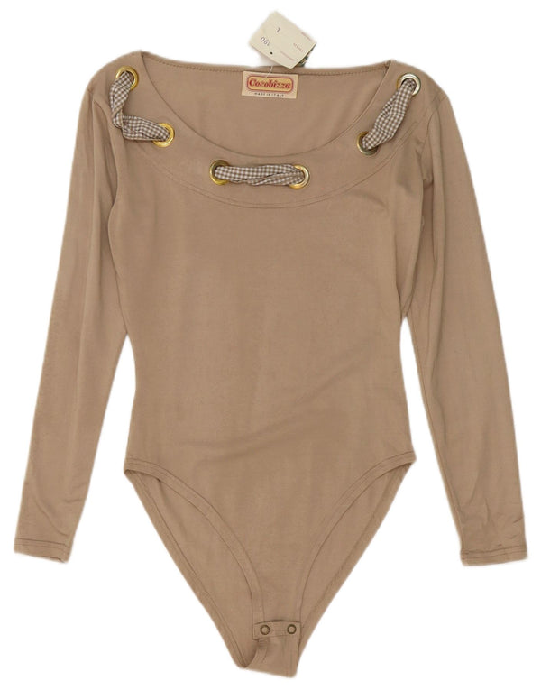 Vintage langærmet bodysuit til kvinder UK 14 Stor beige viskose