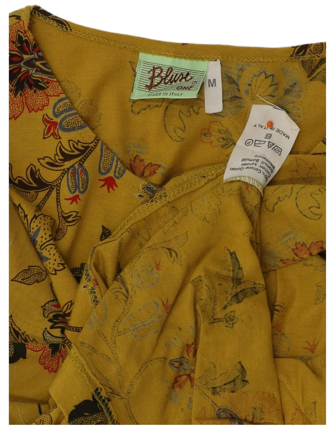 VINTAGE Damebluse Top UK 12 Medium Gul Blomsterbomuld