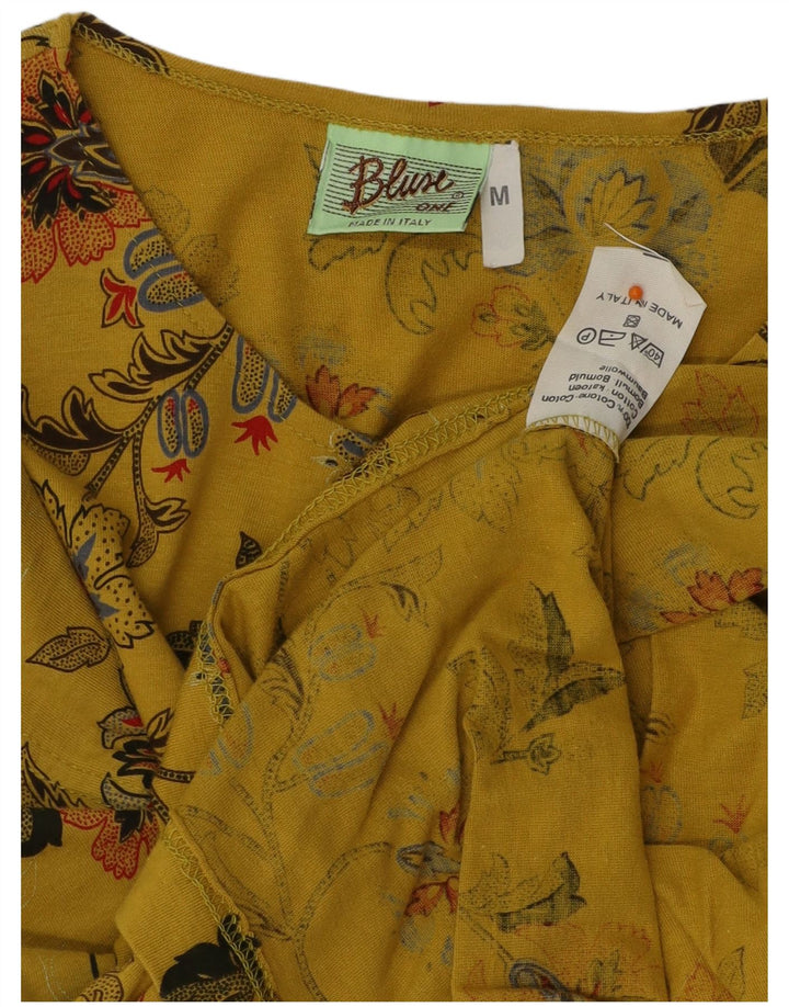 VINTAGE Damebluse Top UK 12 Medium Gul Blomsterbomuld
