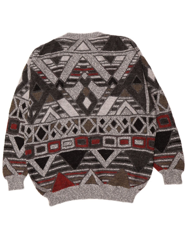 Vintage mænd med rund hals sweater UK 38/40 Medium Grå Geometrisk