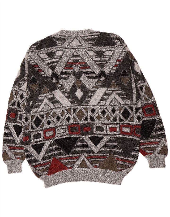 Vintage mænd med rund hals sweater UK 38/40 Medium Grå Geometrisk