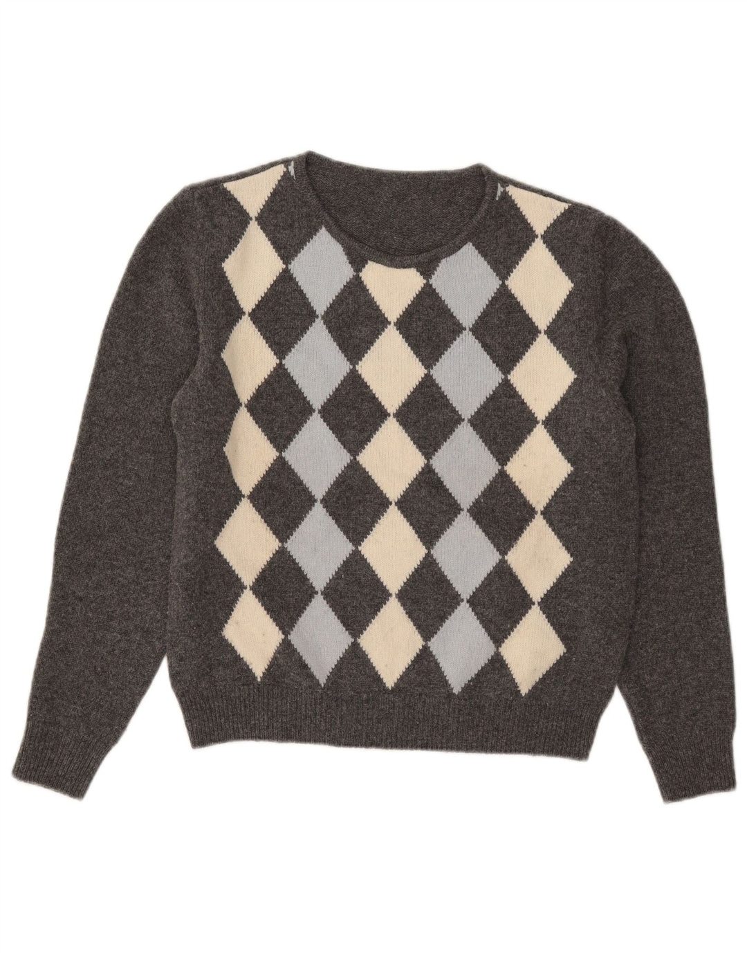 VINTAGE Dame sweater med rund hals, UK 14 Medium Grey Argyle/Diamond