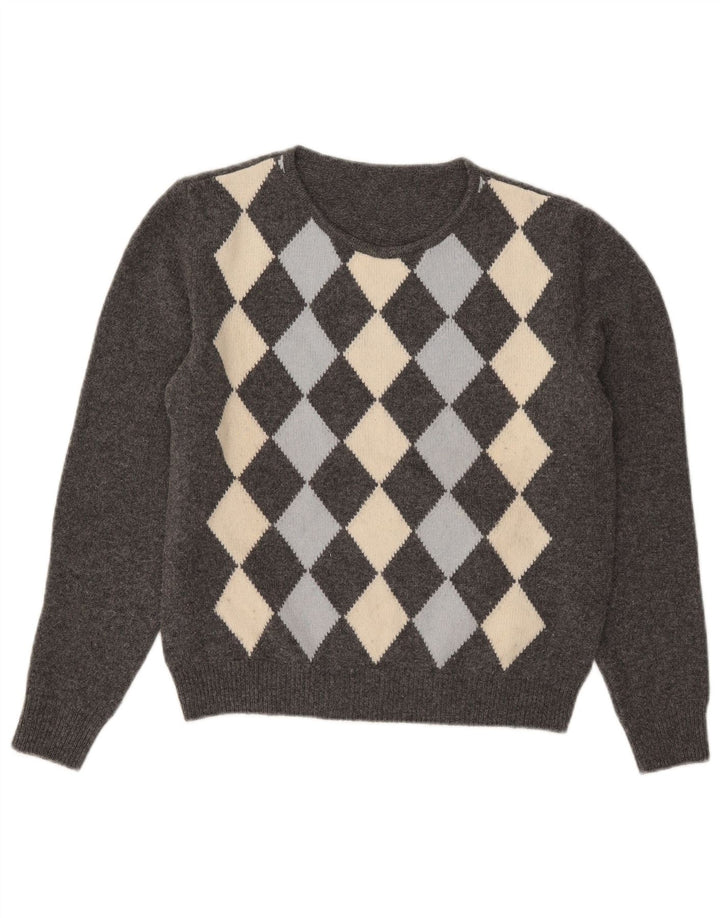 VINTAGE Dame sweater med rund hals, UK 14 Medium Grey Argyle/Diamond