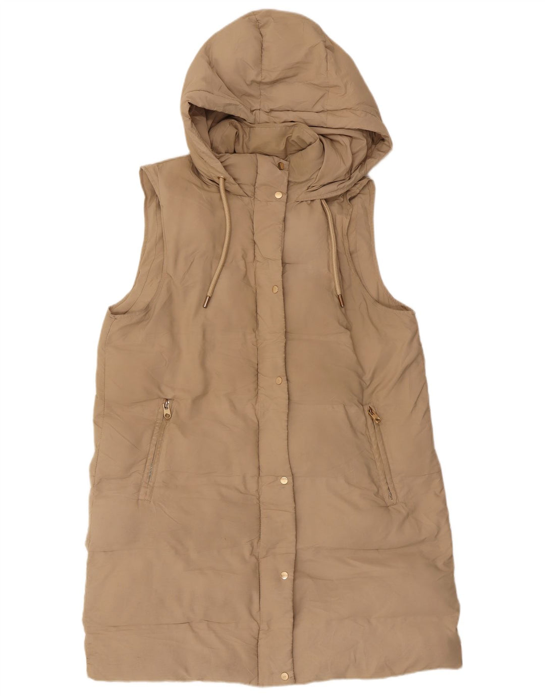 Zara Dame Hætte Ærmeløs Polstret Frakke UK 16 Stor Beige Polyester