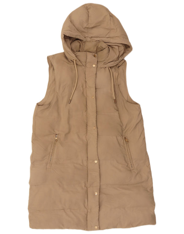 Zara Dame Hætte Ærmeløs Polstret Frakke UK 16 Stor Beige Polyester