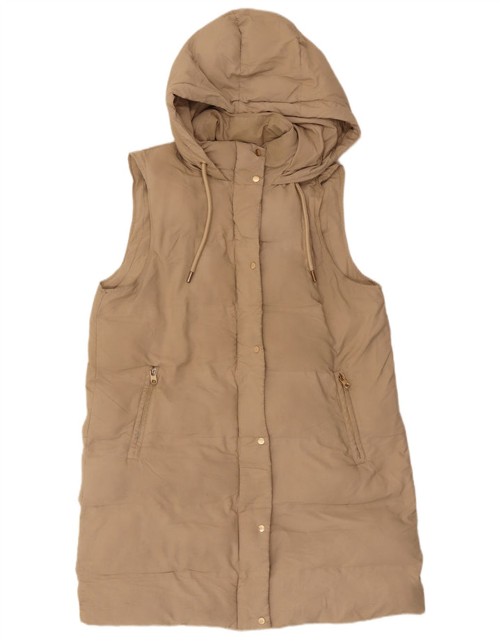 Zara Dame Hætte Ærmeløs Polstret Frakke UK 16 Stor Beige Polyester