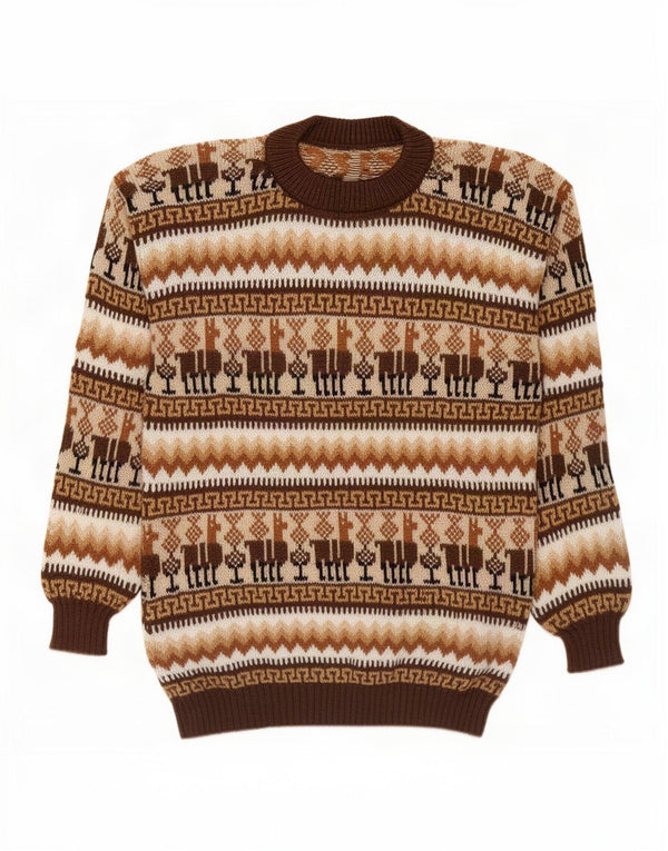Vintage herre sweater med rund hals, medium brun Fair Isle