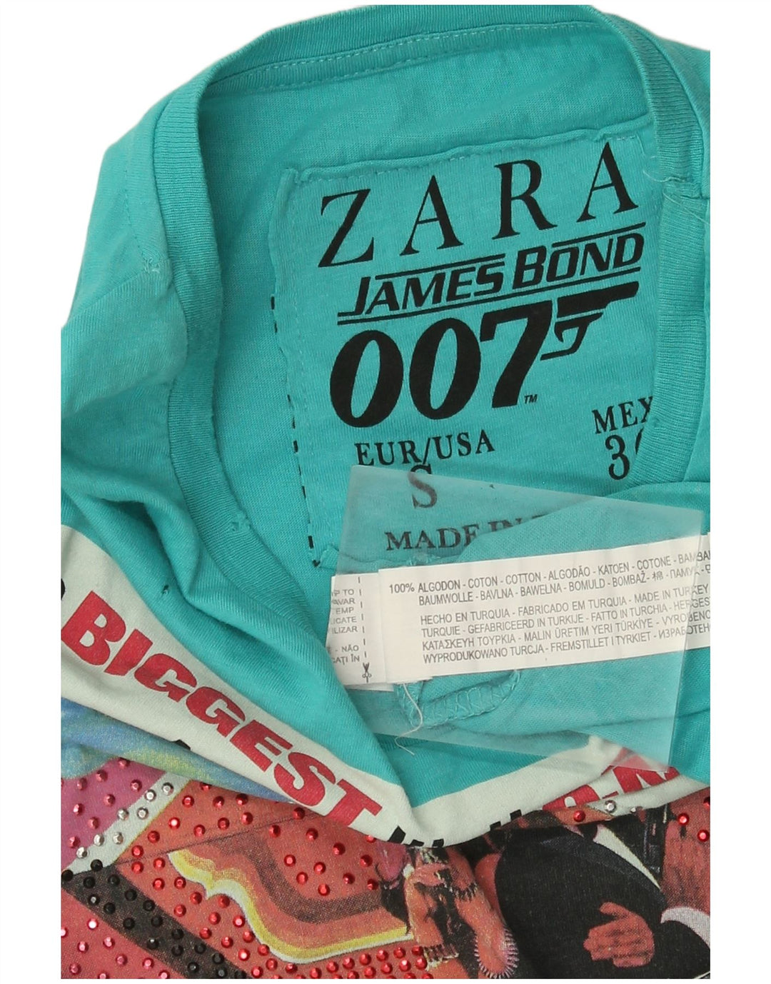 Zara Herre Grafisk T-Shirt Top Lille Blå Bomuld