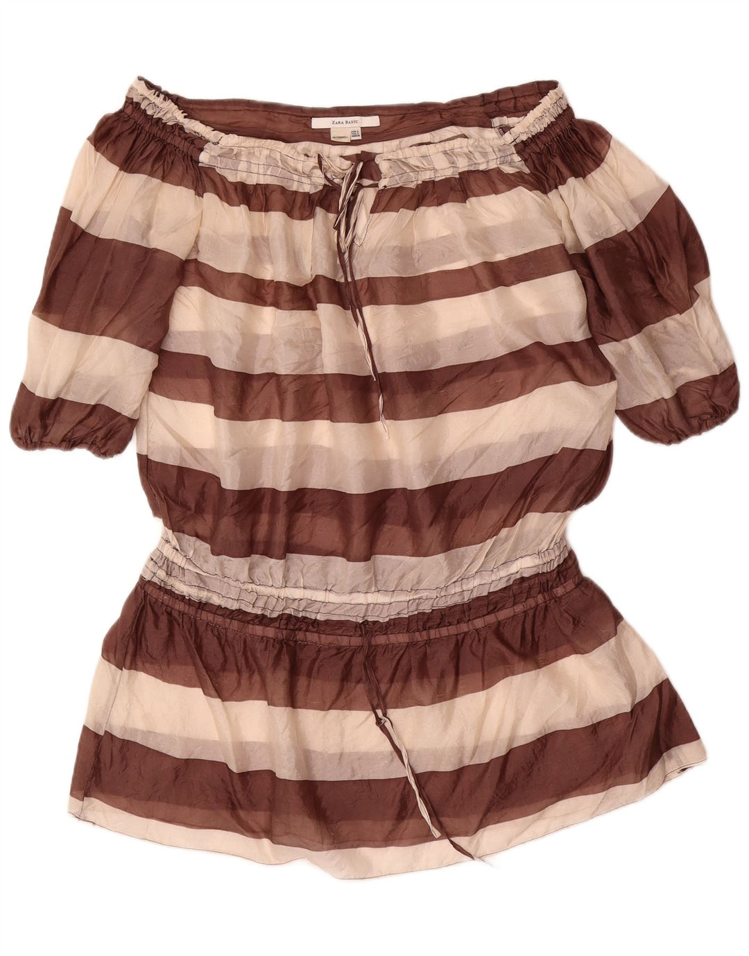 Zara Kvinders Oversized Off Shoulder Kjole UK 10 Små brunstribet silke