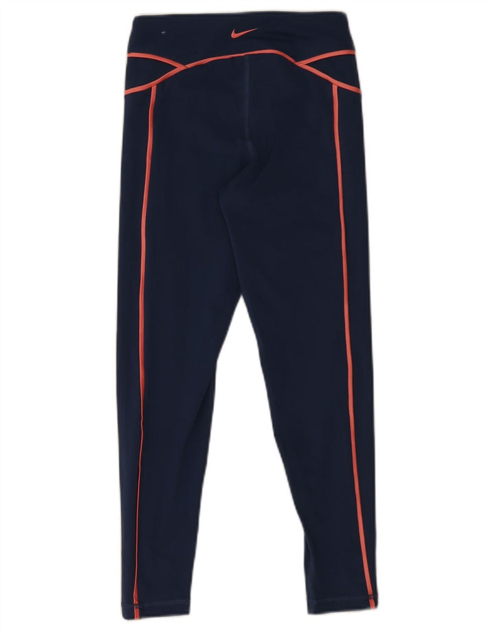 Nike Dame Dri Fit Grafiske Leggings UK 8 Small Navy Blue Polyester