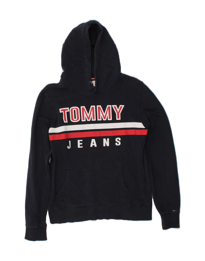 TOMMY JEANS Mens Graphic Hoodie Jumper Medium Navy Blue Cotton Vintage Tommy Jeans and Second-Hand Tommy Jeans from Messina Hembry 
