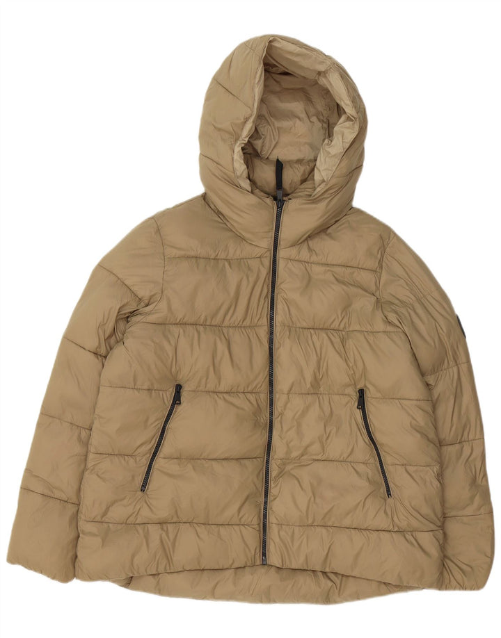 Zara Dame Hætte Oversized Polstret Jakke UK 16 Stor Beige Polyester