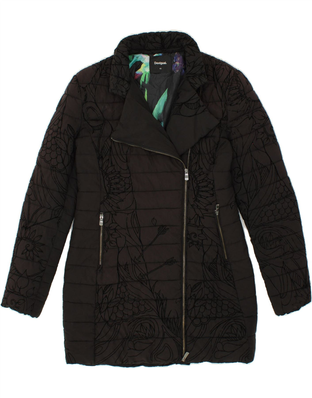 DESIGUAL Womens Abstract Pattern Padded Coat EU 40 Medium Black Polyester Vintage Desigual and Second-Hand Desigual from Messina Hembry 