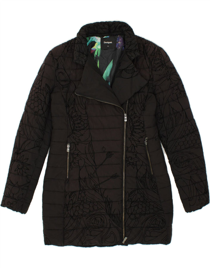 DESIGUAL Womens Abstract Pattern Padded Coat EU 40 Medium Black Polyester Vintage Desigual and Second-Hand Desigual from Messina Hembry 