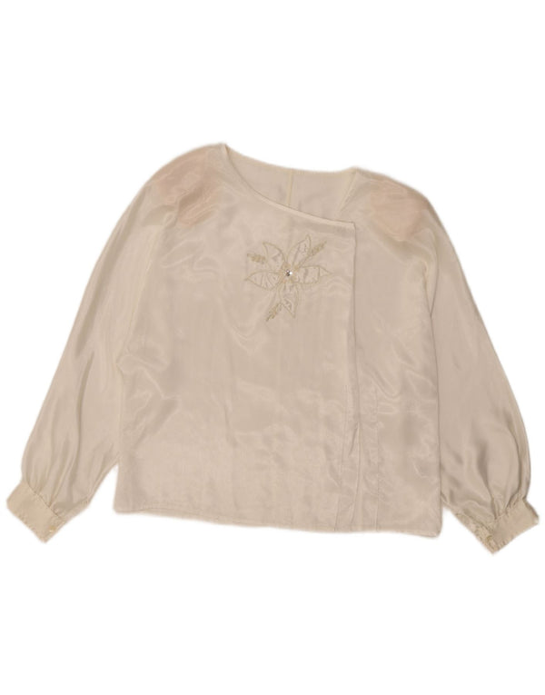 Vintage Dame Langærmet Bluse Top UK 16 Large White Floral Polyester
