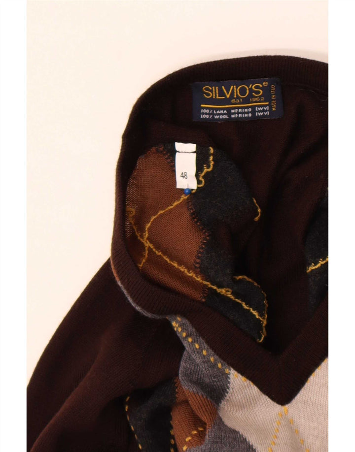 Vintage Herre V-hals sweater IT 48 Medium Brown Argyle/Diamond