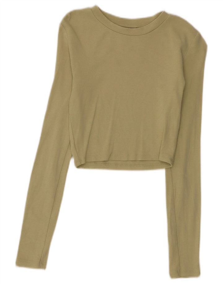 Zara Dame Crop Top Langærmet UK 8 Small Khaki Bomuld