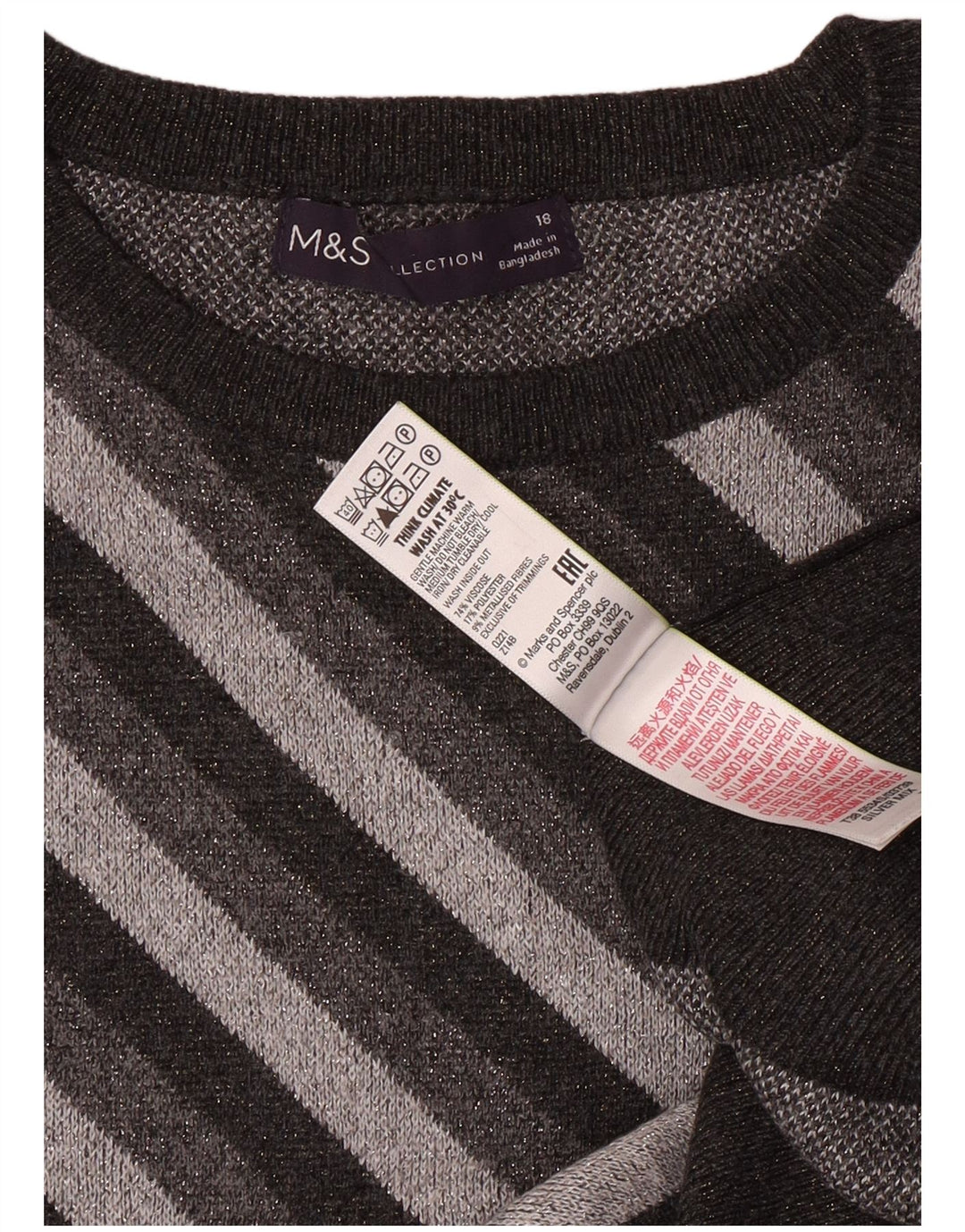 MARKS & SPENCER Dame sweater med rund hals DK 18 XL Gråstribet