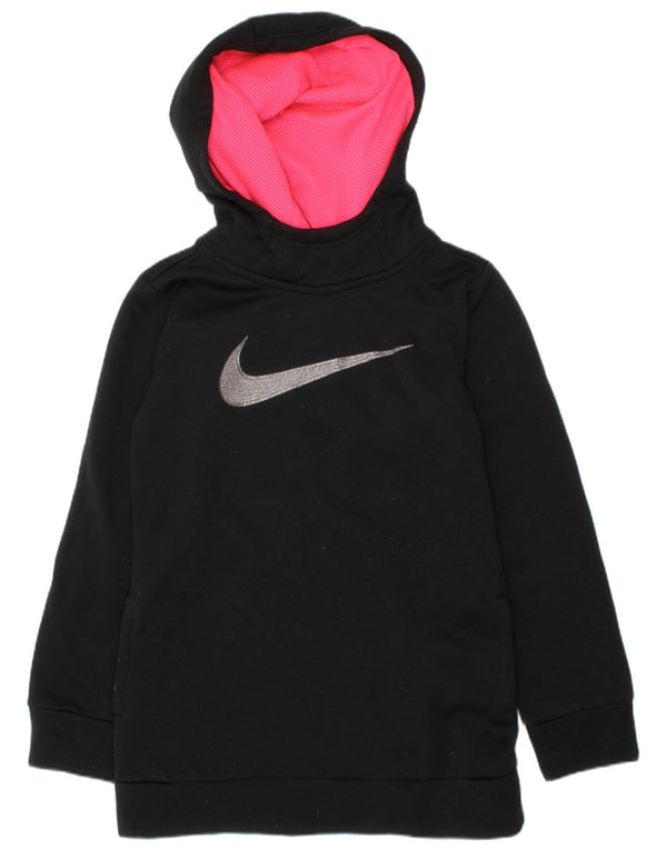 NIKE Girls Dri Fit Graphic Hoodie Jumper 4-5 Years Small  Black Polyester