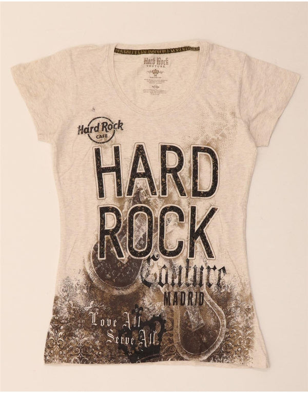 Hard Rock Cafe Dame Madrid Grafisk T-Shirt Top UK 12 Medium Beige Flecked
