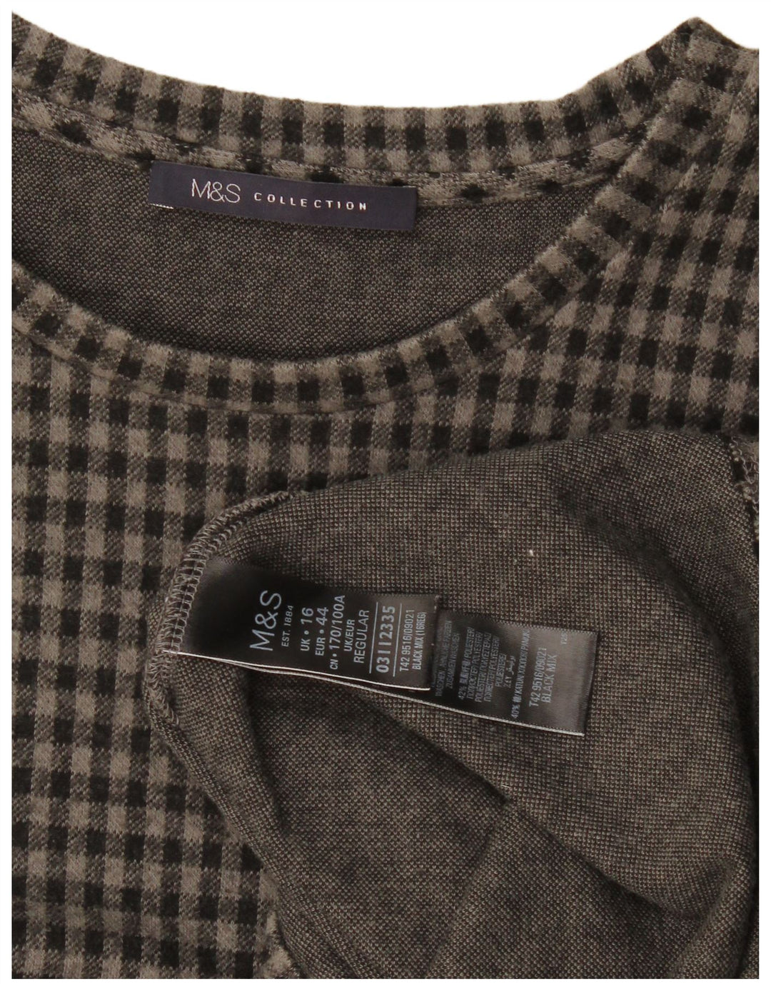 Marks & Spencer Dame 3/4-ærmet Shift Dress UK 16 Large Grey Gingham
