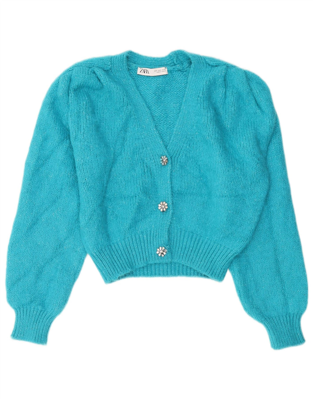 ZARA Womens Crop Cardigan Sweater UK 10 Small Blue Acryl