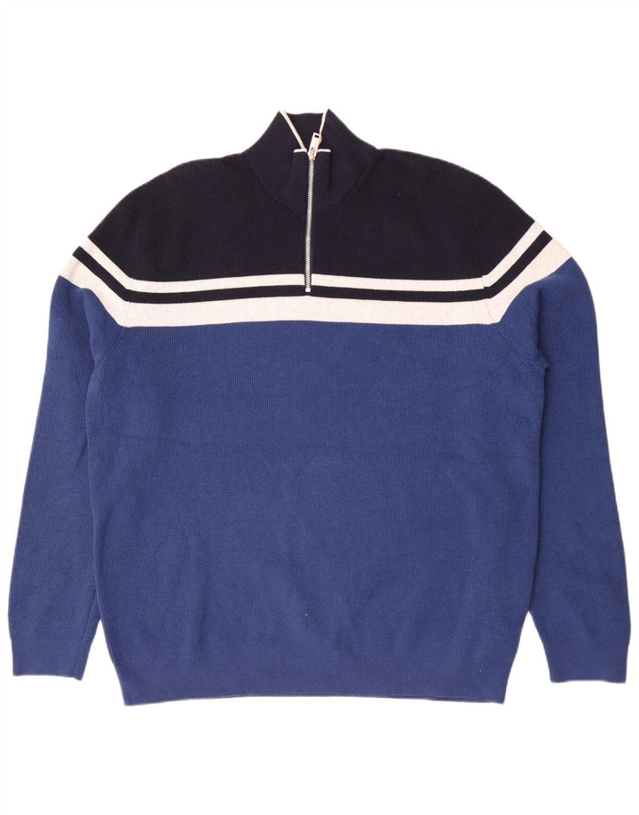 Marks & Spencer Herre Zip Neck Jumper Sweater 2XL Blå Stribet Polyester