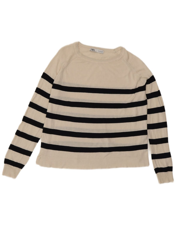 Zara Dame Boat Neck Jumper Sweater UK 14 Medium Off White Stribet viskose