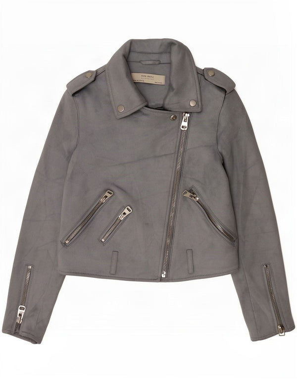 Zara Womens Military Crop Faux Ruskind Biker Jacket UK 6 XS Grå Polyester