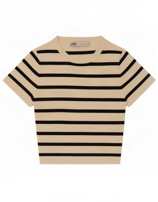 Zara Womens Crop T-Shirt Top UK 14 Stor Beige Stribet